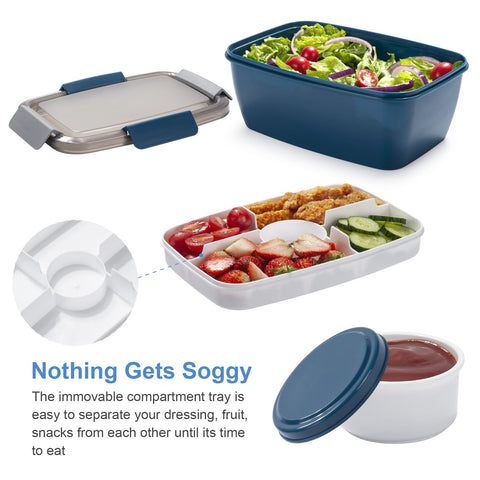 Freshmage container features middle sauce compartment for dressings on the go.