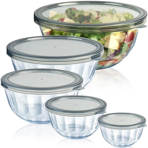Freshmage mixing bowls with airtight lids set showing tight seals for food storage.