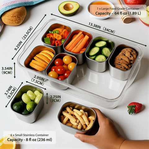 Freshmage Snackle Box with lid open showing eight separate compartments for easy separation.