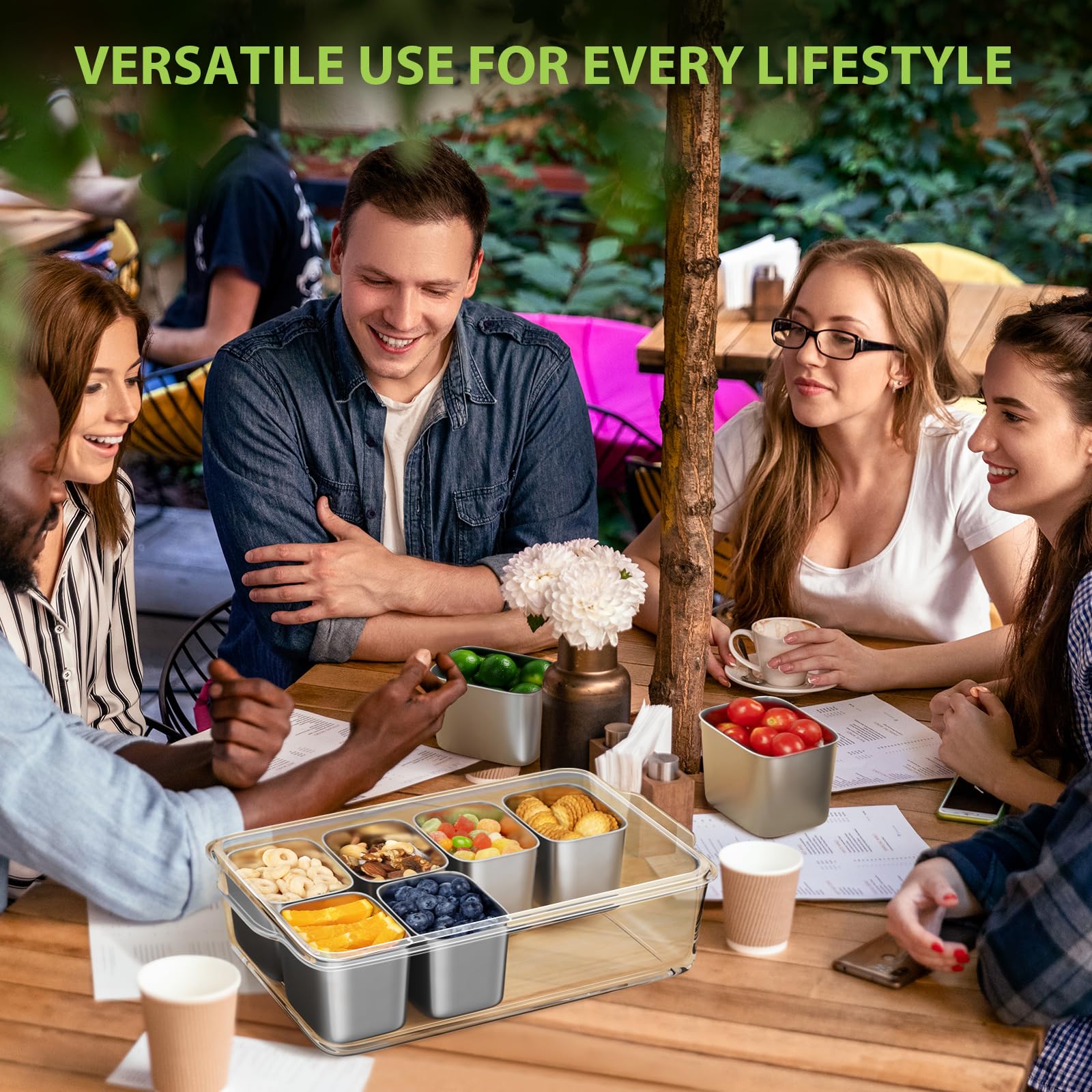 Freshmage Snackle Box arranges fruit, nuts, and veggies with easy lid access.