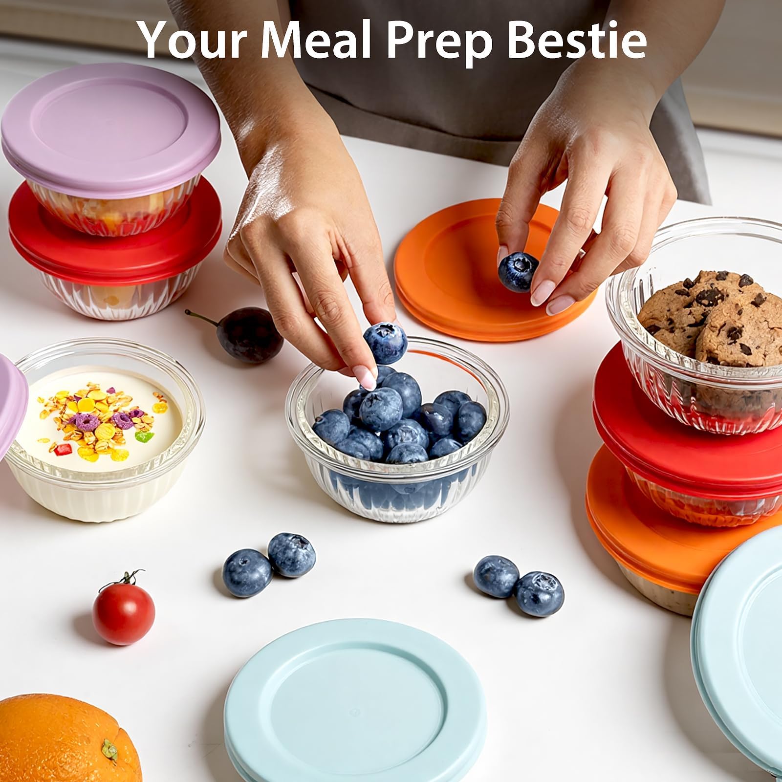 Freshmage stackable glass bowls with lids save fridge and cabinet space.
