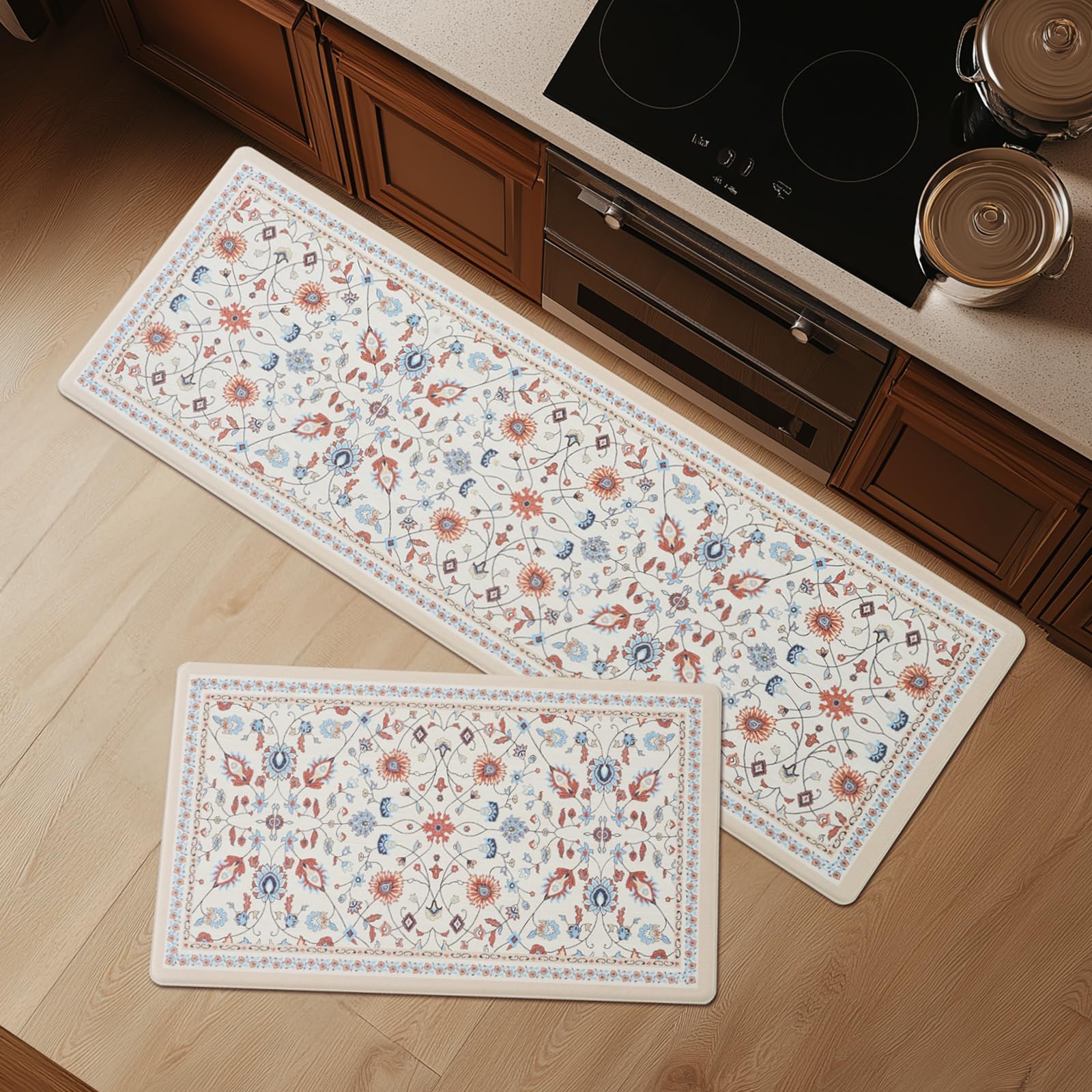 FreshMint anti-fatigue mat with floral design adds comfort by the kitchen sink.