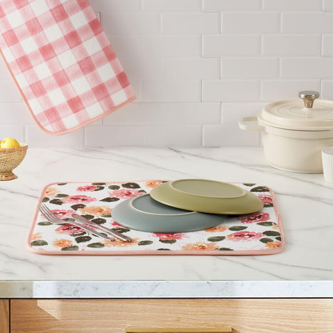 FRESHMINT dish drying mat with floral pattern absorbs moisture quickly