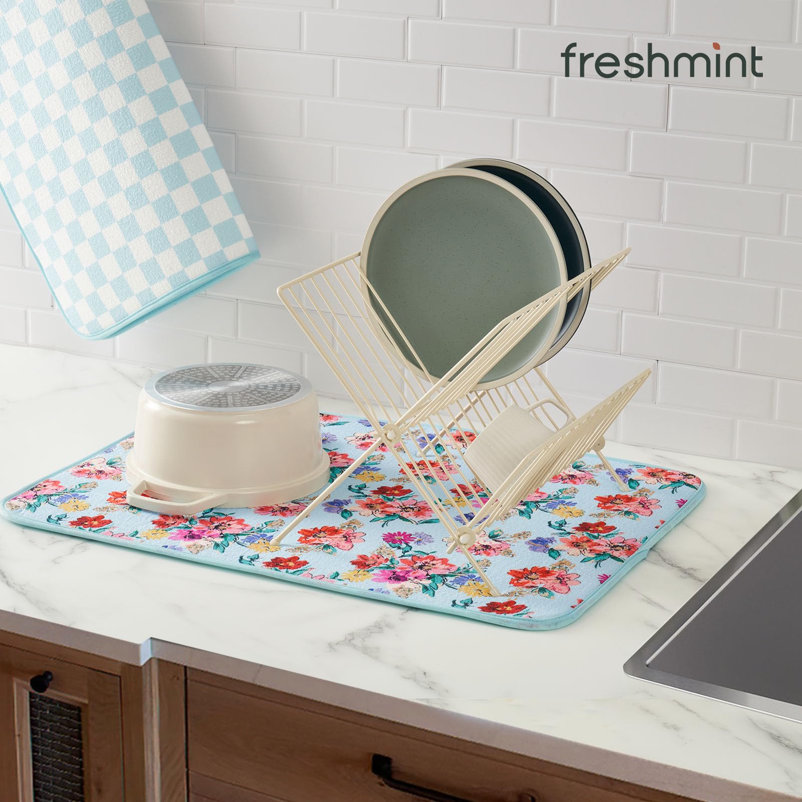 Freshmint dish mat countertop protector keeps under appliances dry and protected.