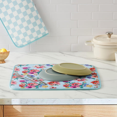 Freshmint dish mat floral pattern print speeds drying and brightens kitchen counters.