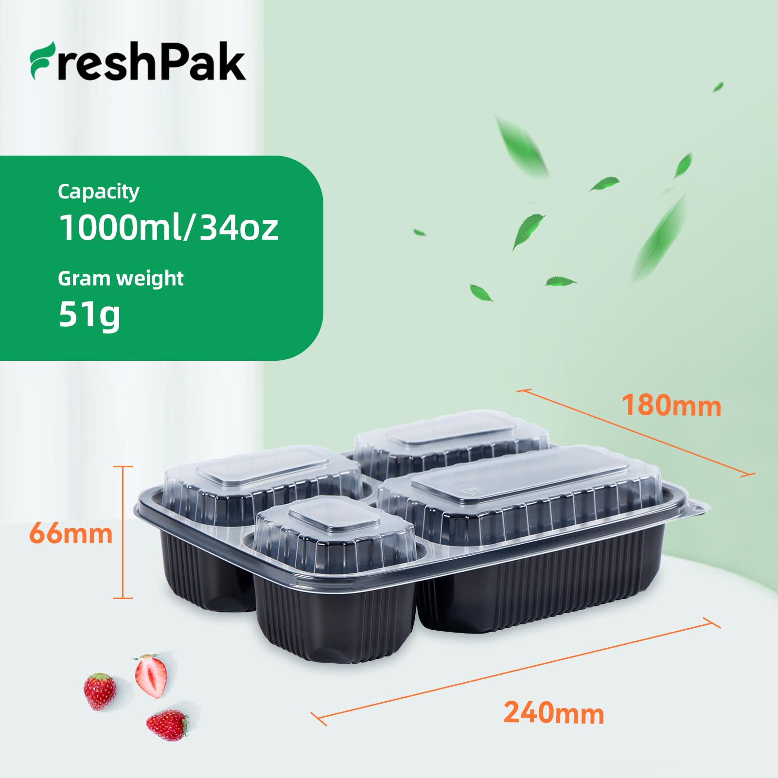 Freshpak four-compartment design keeps proteins, carbs, veggies and sauces neatly separated.