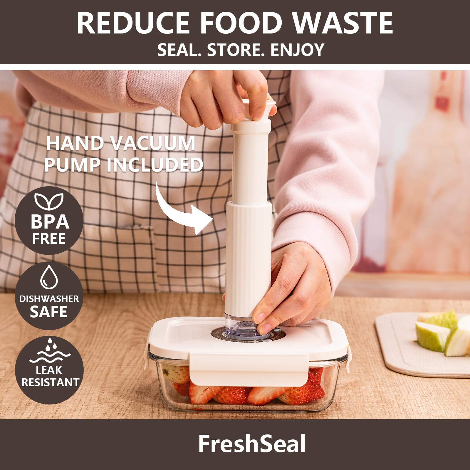 FreshSeal glass vacuum containers in six sizes for organized meal prep.