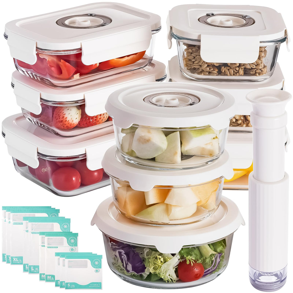 FreshSeal glass vacuum container set packaged to showcase the full 9-piece kit.