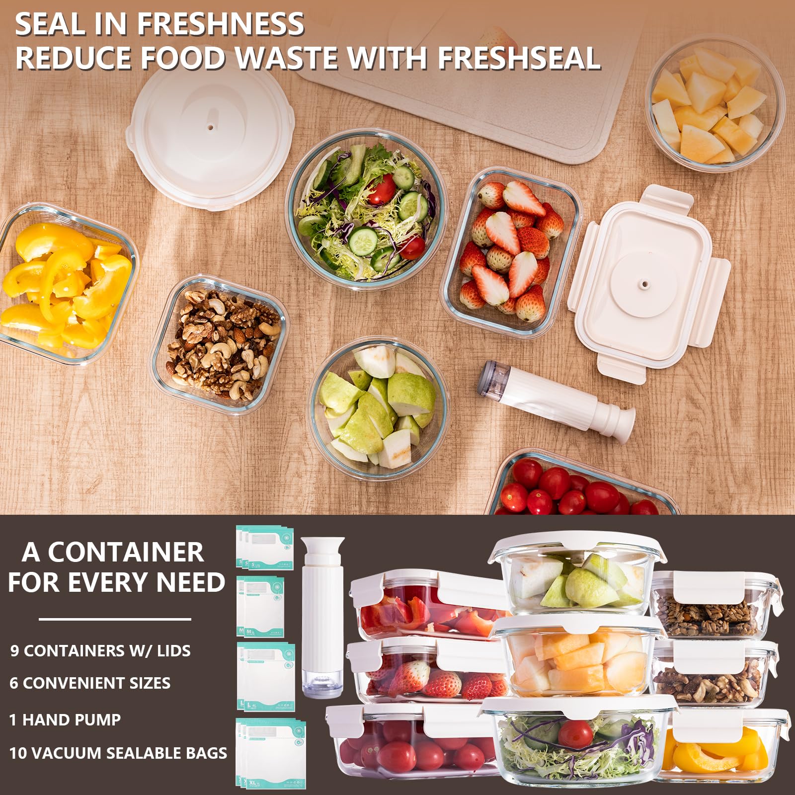 FreshSeal hand pump in use sealing containers for easy storage.