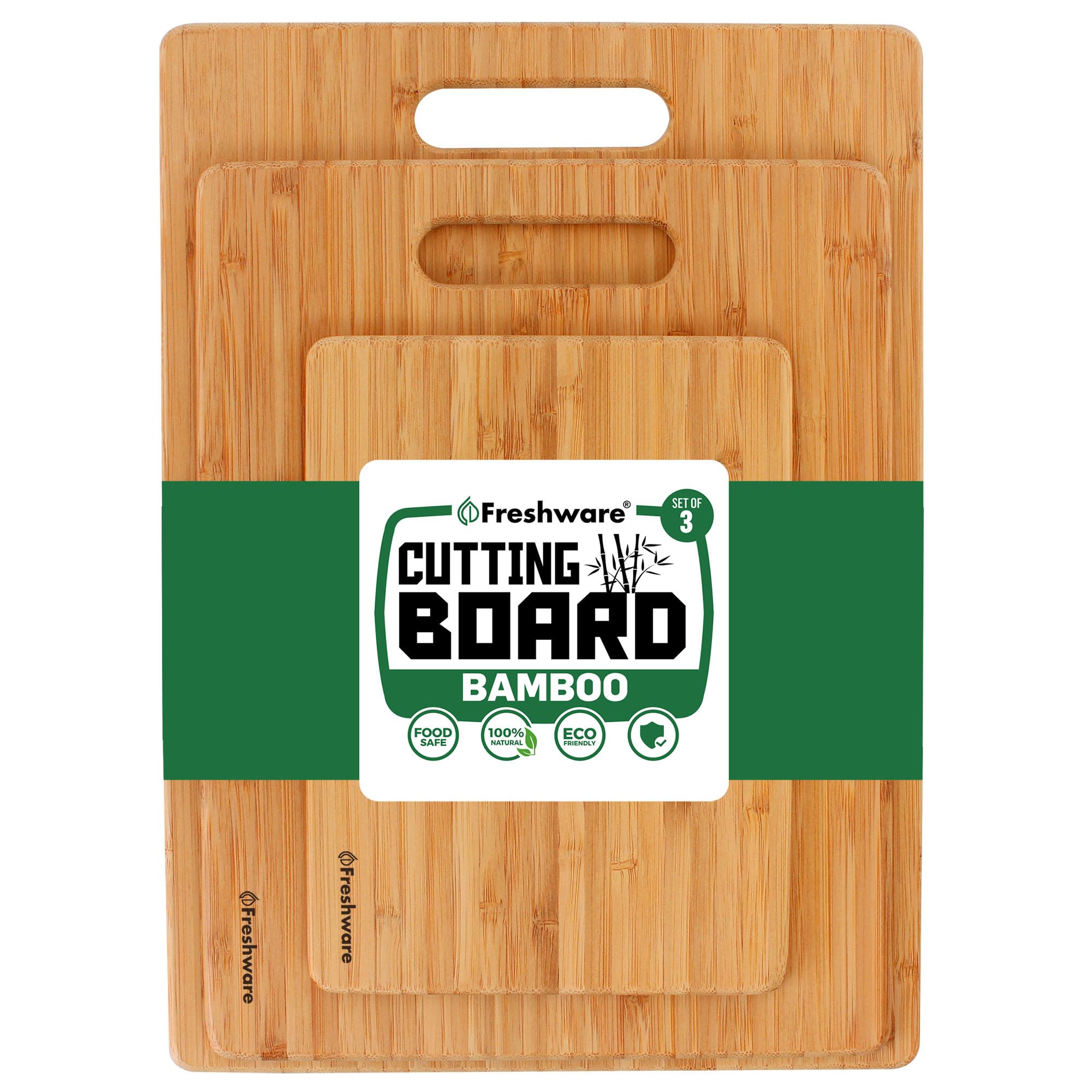 Freshware bamboo cutting boards set of 3 on kitchen counter, knife-friendly and durable.