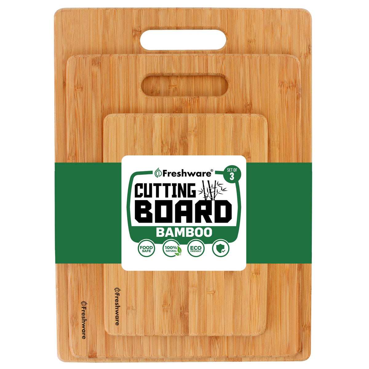 Freshware bamboo cutting boards set of 3 on kitchen counter, knife-friendly and durable.