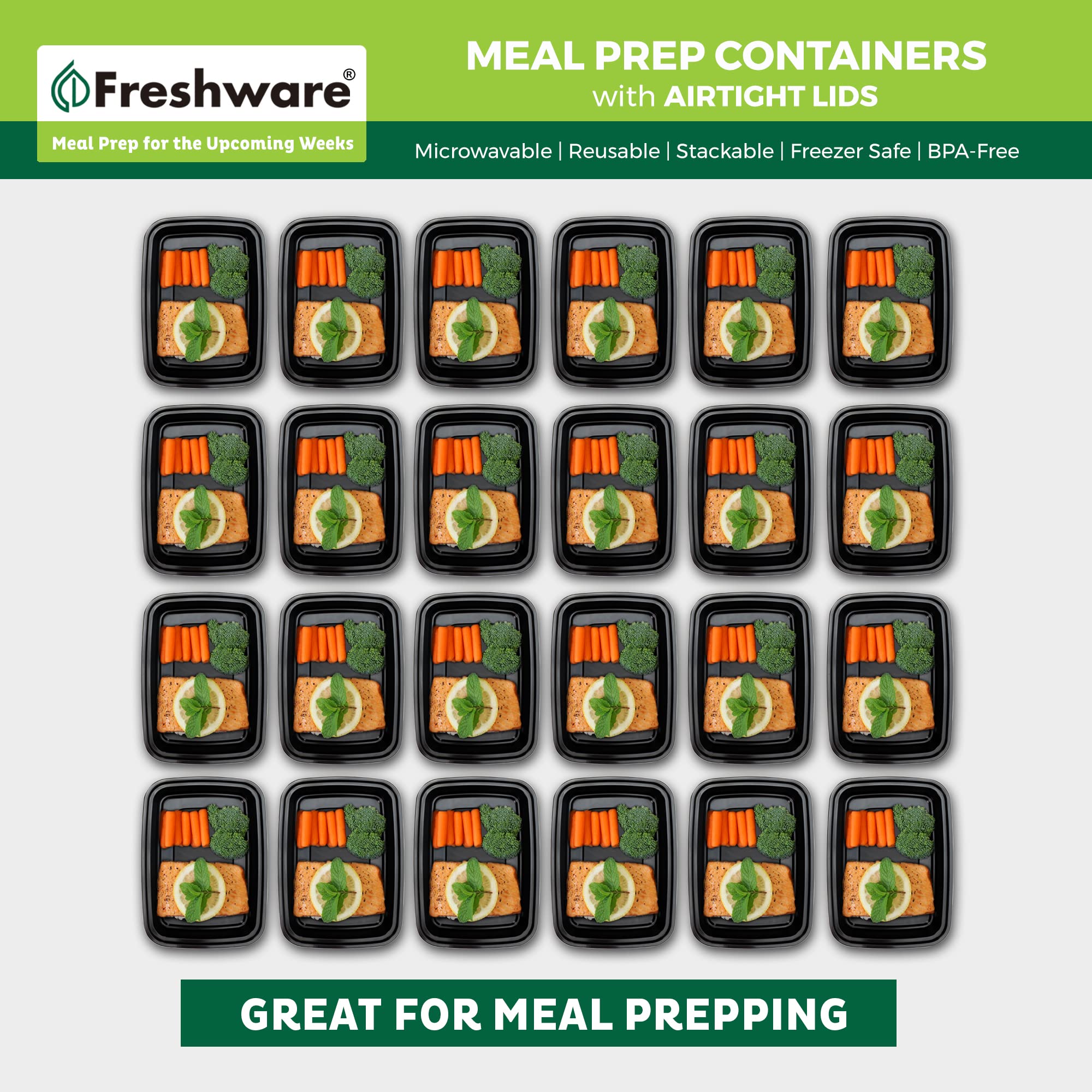 Freshware BPA-free polypropylene container highlights safety and reuse for eco-friendly meal prep.