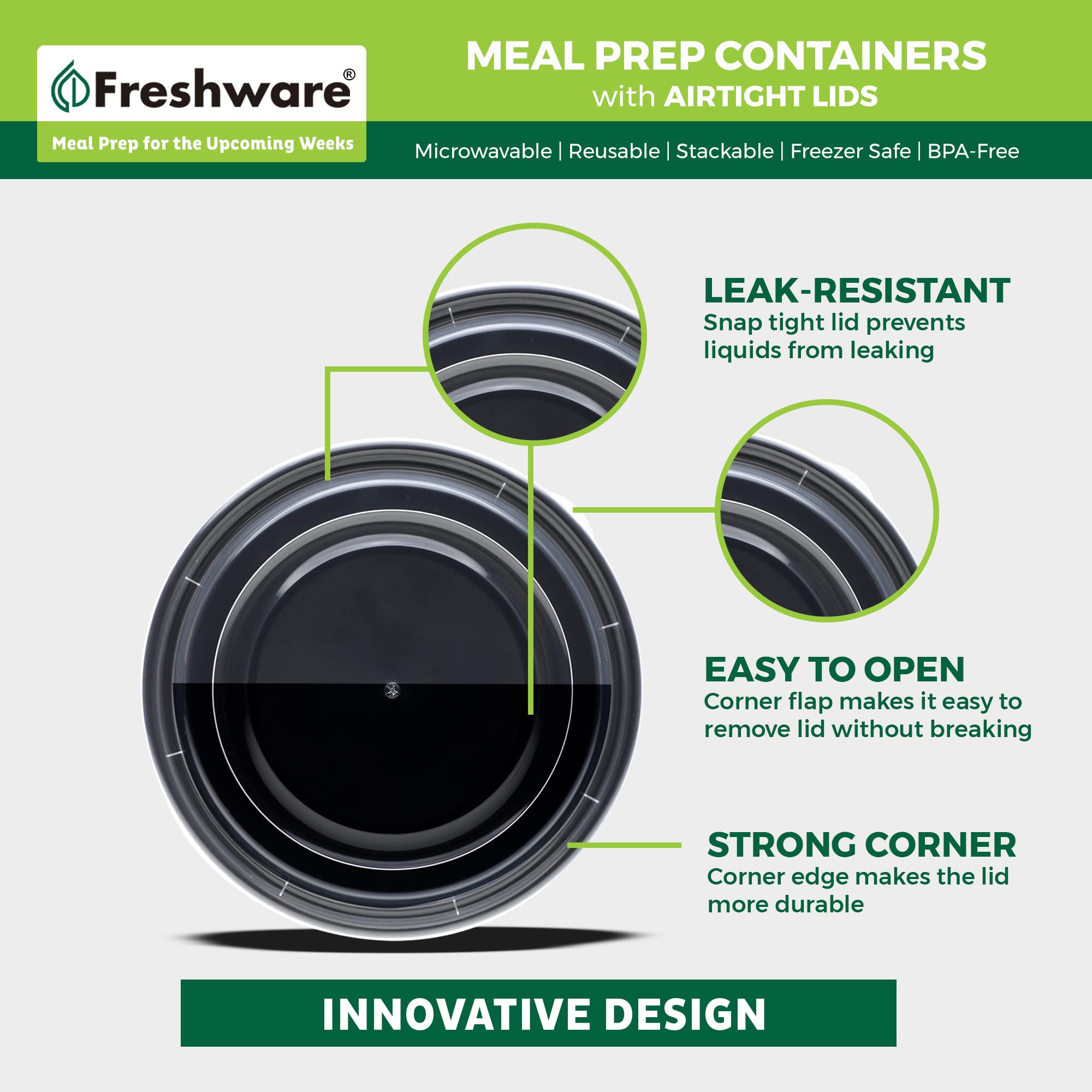 Freshware freezer-safe polypropylene helps keep meals fresh in the freezer.