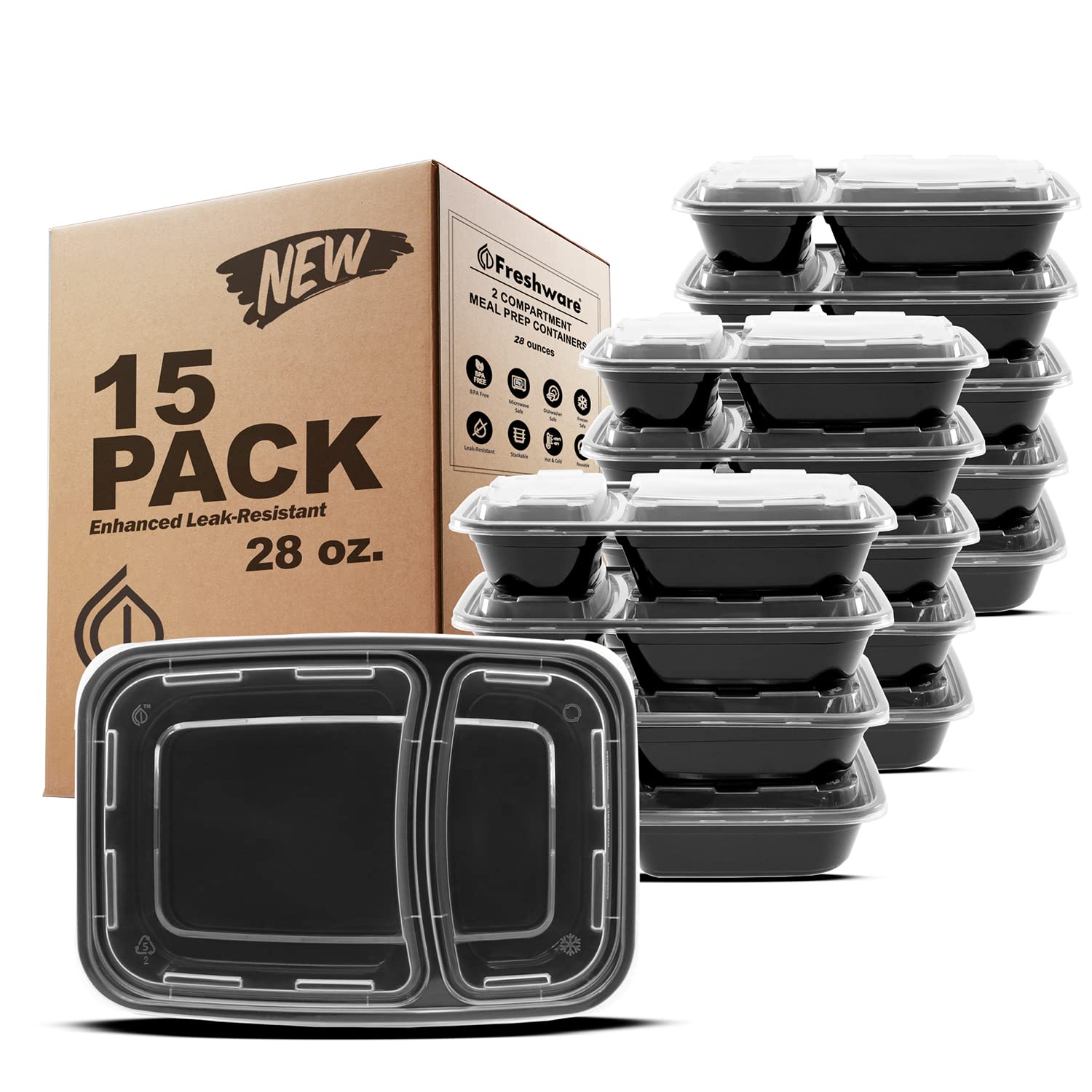 Freshware 15-pack meal prep containers with two compartments keeping portions organized for daily lunches.