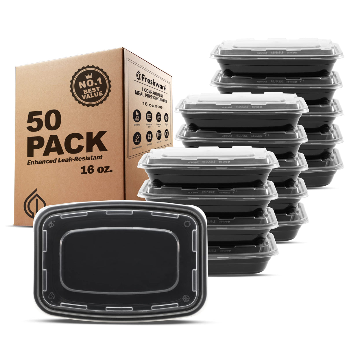 Freshware meal prep 50-pack lid close-up with airtight seal for fresh, organized lunches.