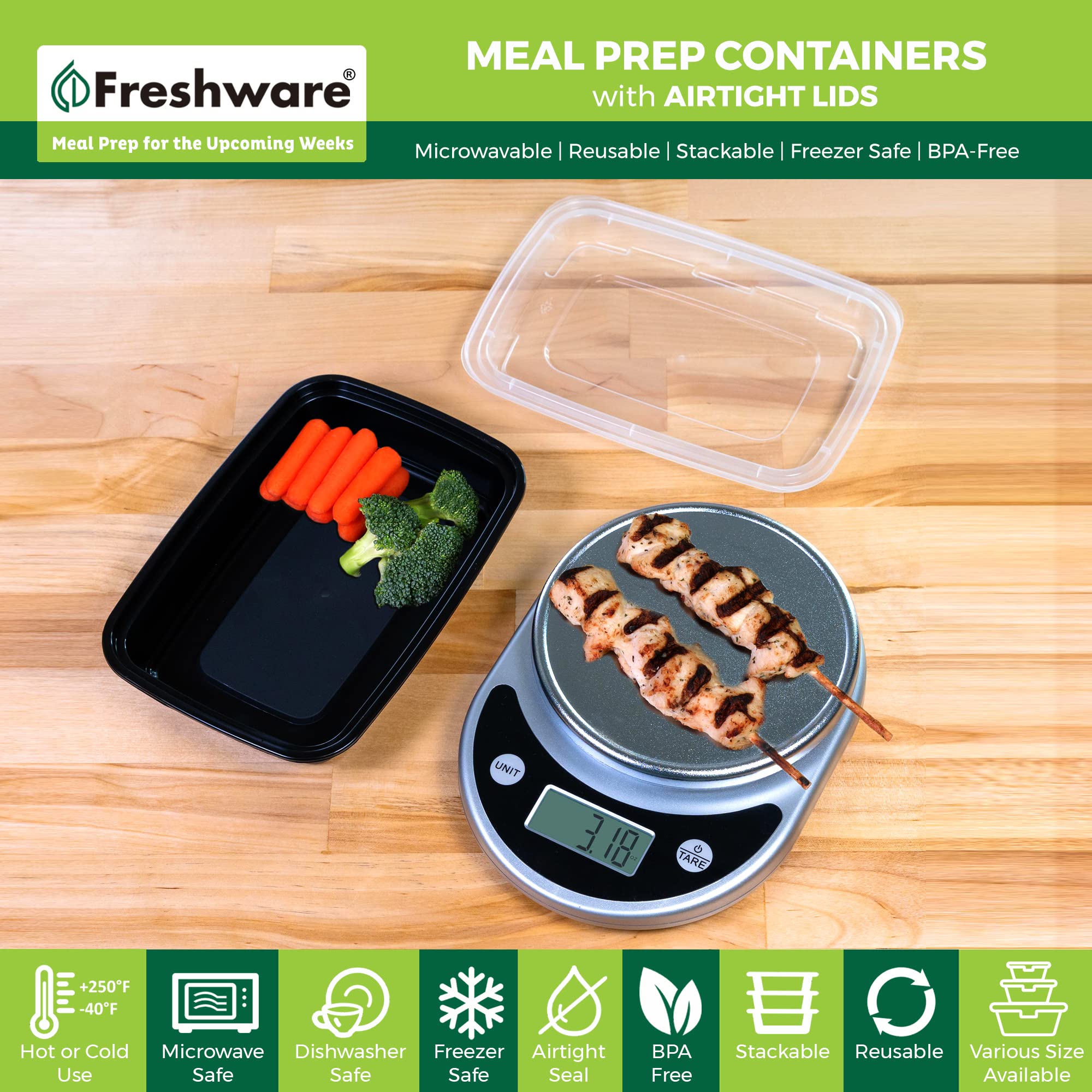 Freshware meal prep 50-pack stackable design keeps portions neat for on-the-go meals.