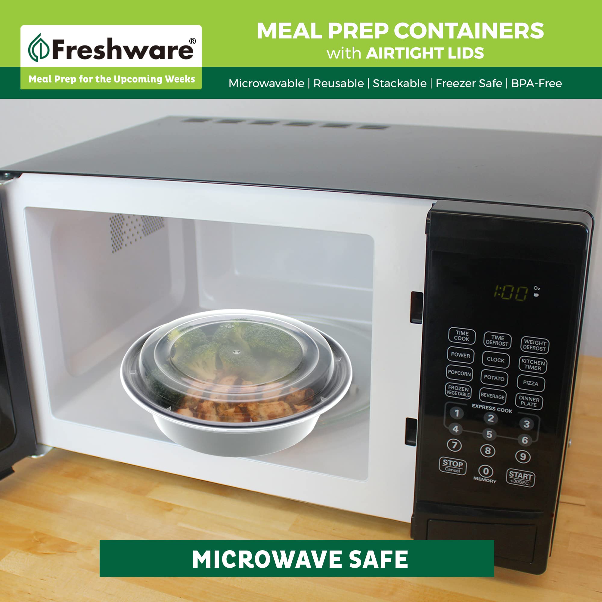 Freshware stackable lunch boxes save cabinet space.