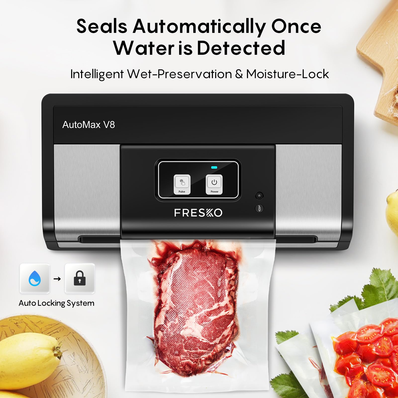 FRESKO vacuum sealer auto dry-wet detection locks in moisture for tighter seals.