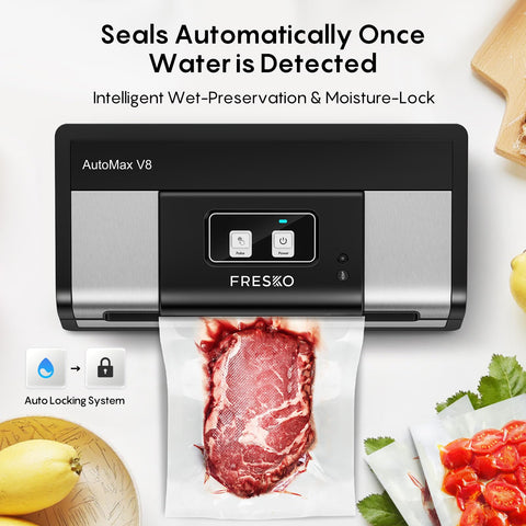 FRESKO vacuum sealer auto dry-wet detection locks in moisture for tighter seals.