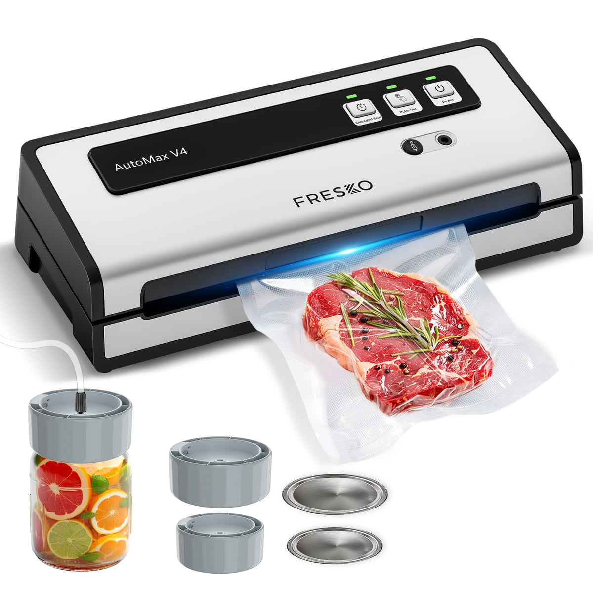 FRESKO vacuum sealer front view with automatic bag detection for hands-free sealing.