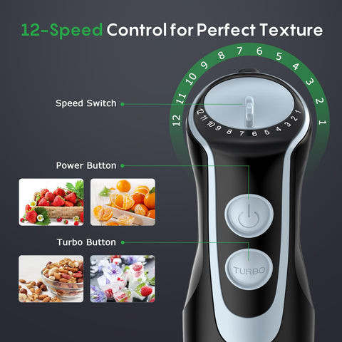 FRESKO blender offers 12 speeds plus Turbo mode for versatile textures.