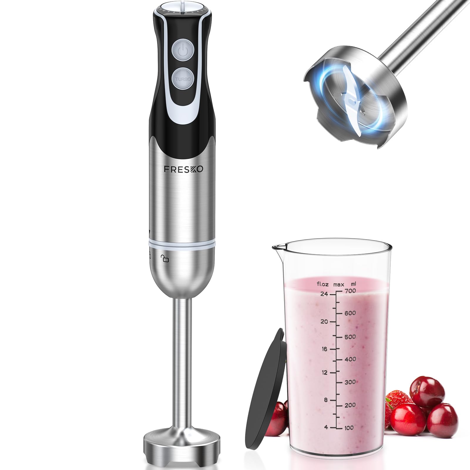 FRESKO Immersion Blender 500W motor delivers smooth blends for sauces and soups.