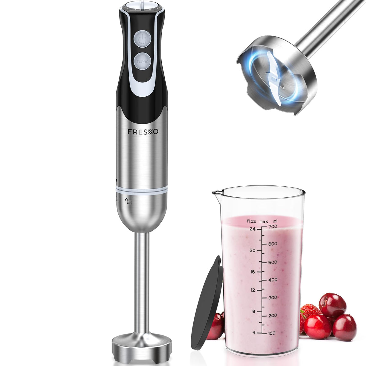 FRESKO Immersion Blender 500W motor delivers smooth blends for sauces and soups.