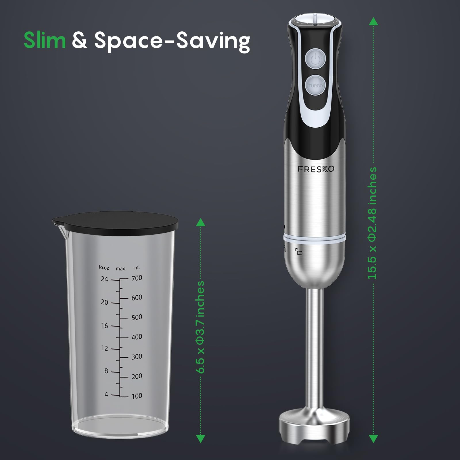 BPA-free design of the FRESKO immersion blender supports safe food preparation.