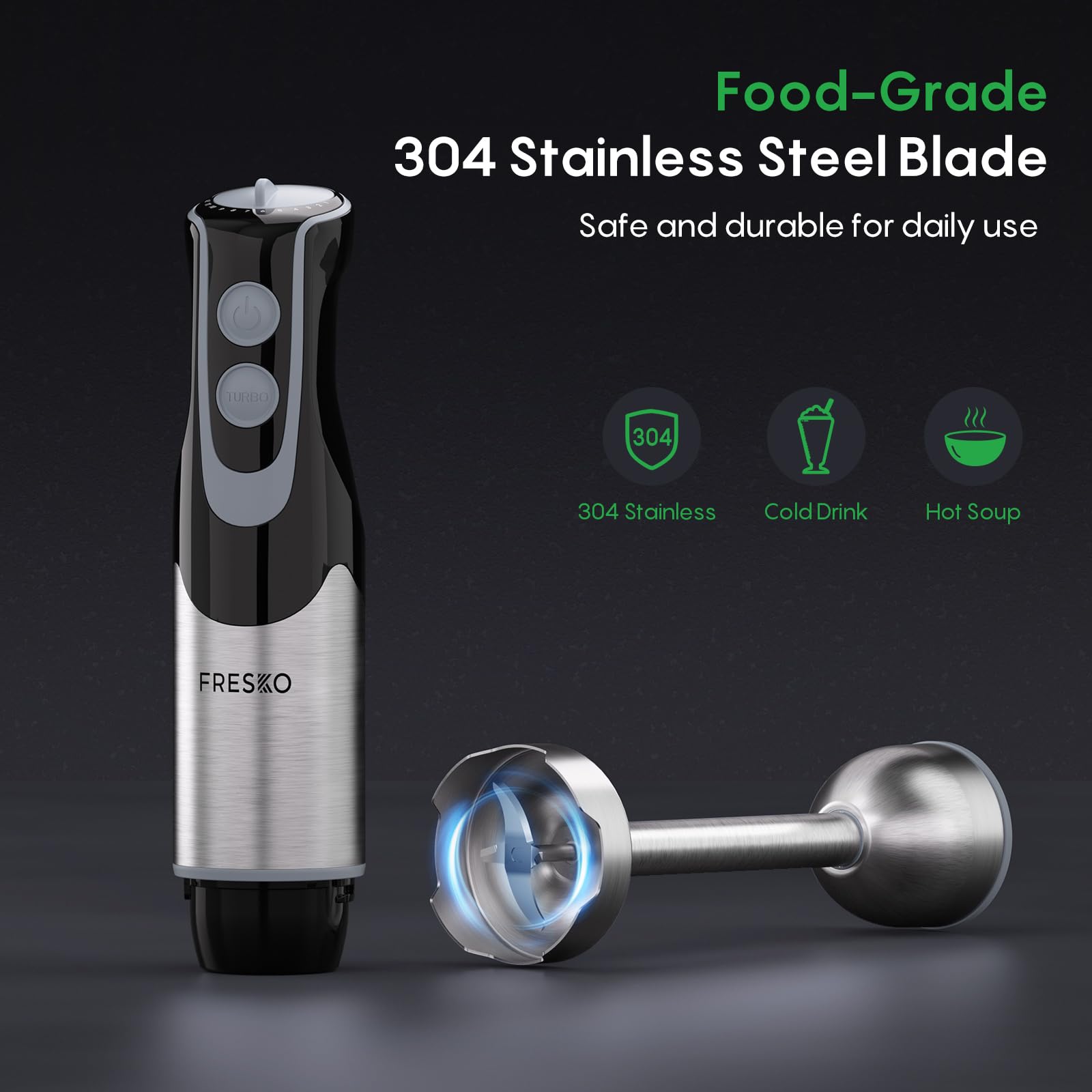 Ergonomic FRESKO handle offers comfortable one-handed control during blending.
