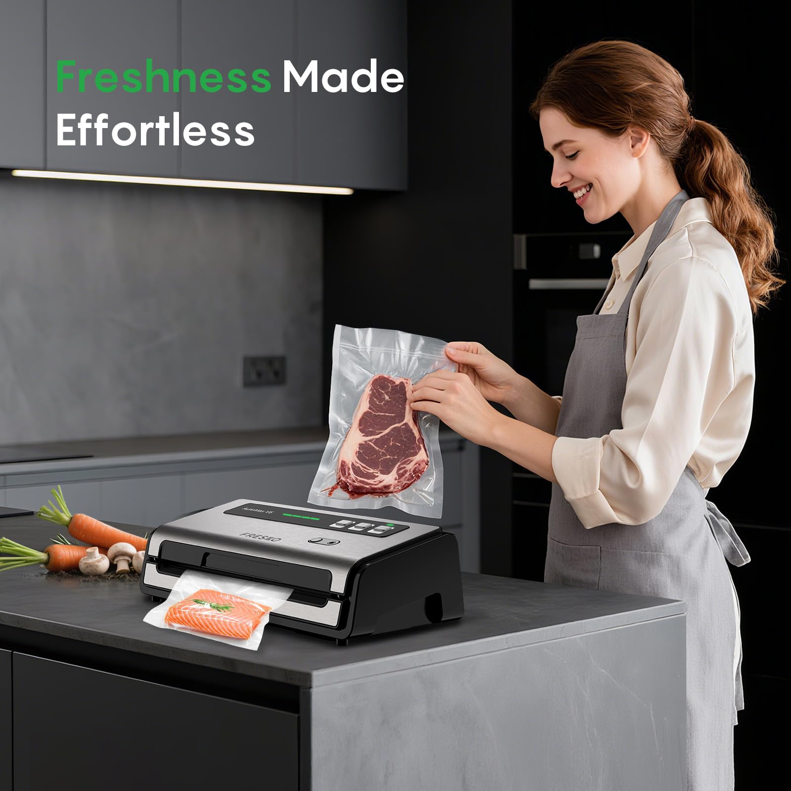 Two bag rolls included for fast batch sealing and meal prep