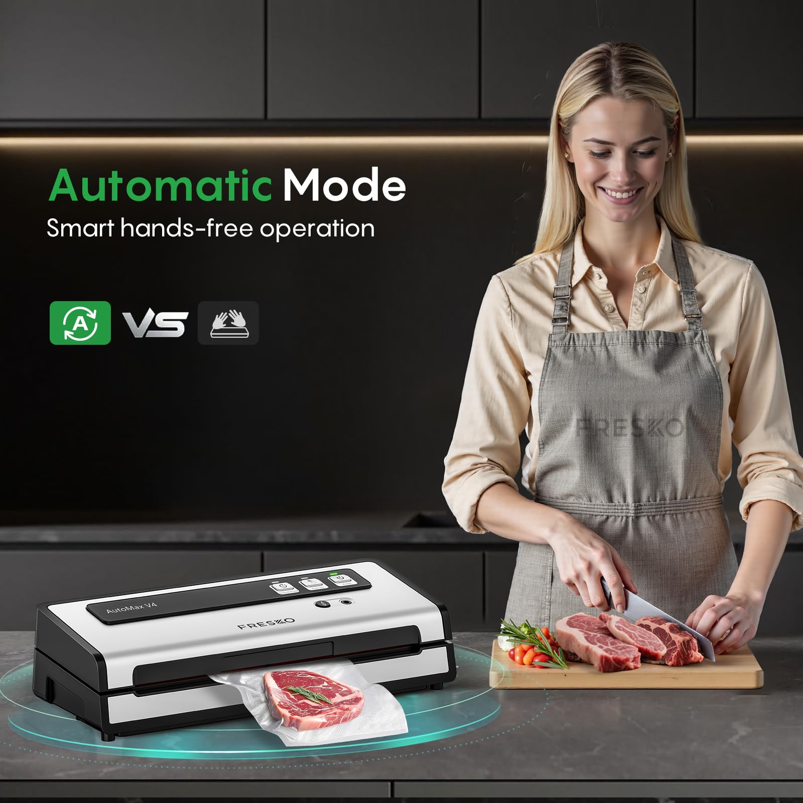 FRESKO vacuum sealer operating in dry and wet modes for versatile sealing.