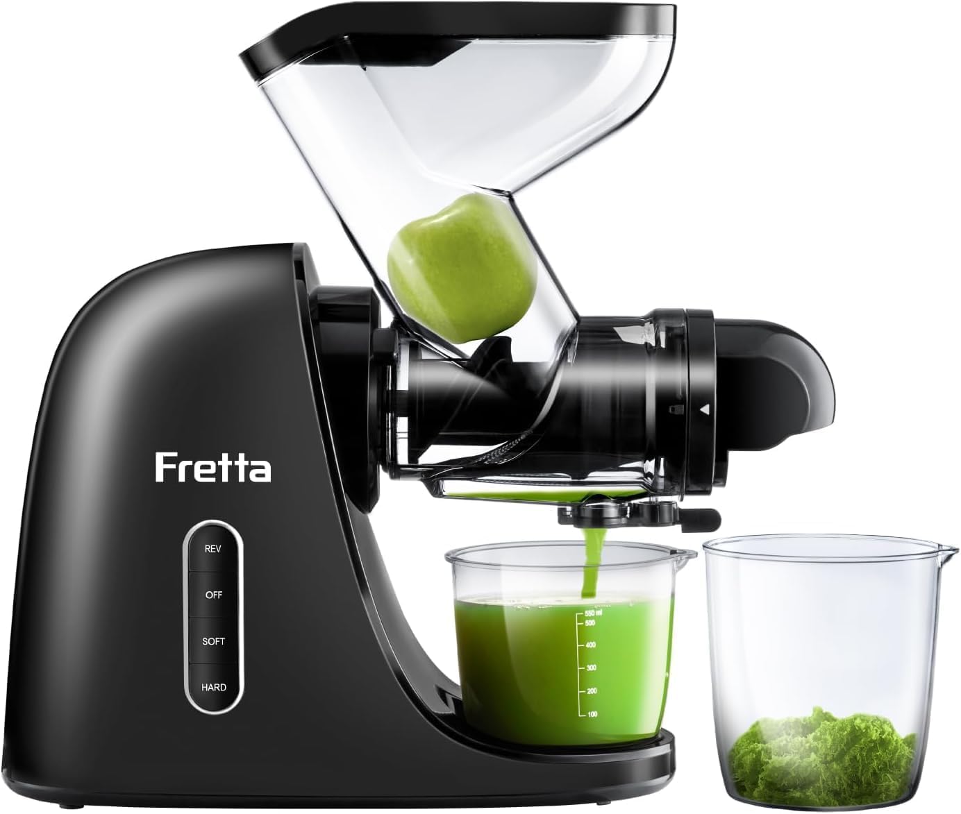 Fretta juicer with 3-inch wide feed chute front view for efficient whole-fruit juicing