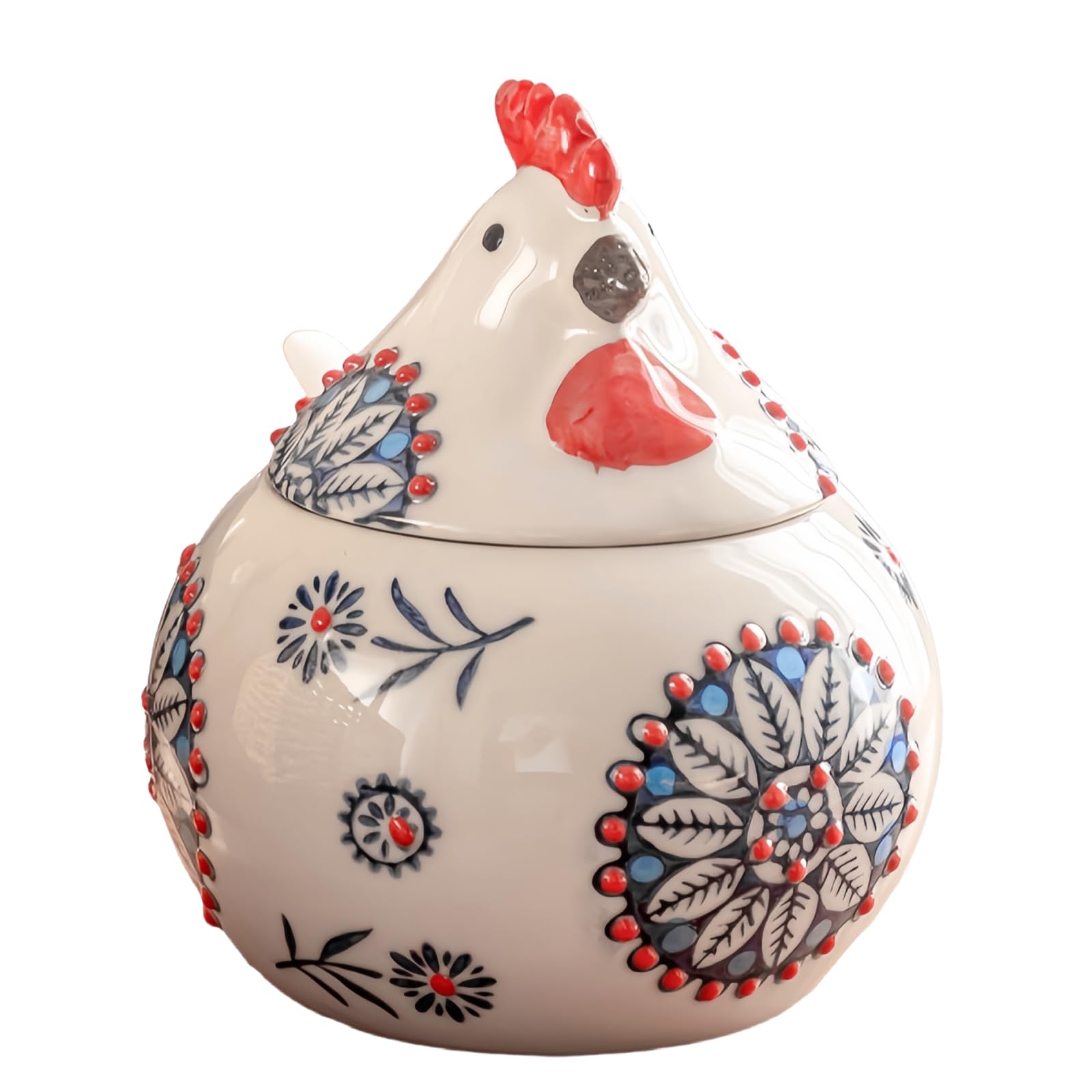 Frezonika chicken salt cellar with lid and spoon in blue, keeps counters tidy.