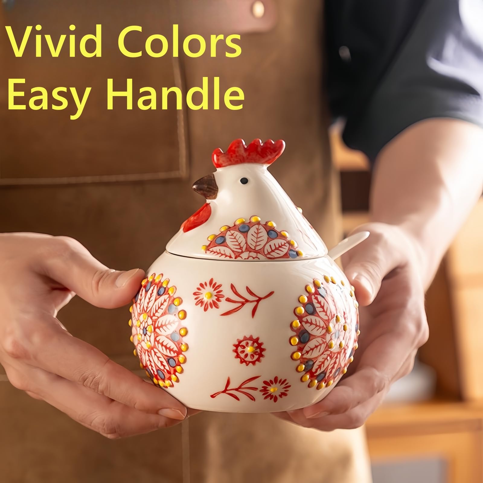 Frezonika rooster salt jar with underglaze pattern adds kitchen charm.