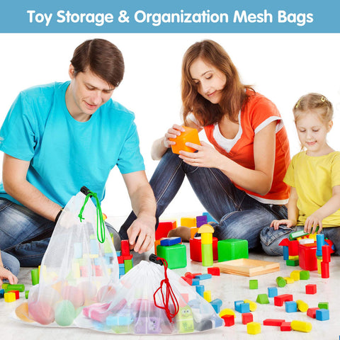 Frienda mesh bag set helps tidy playroom shelves with visible storage