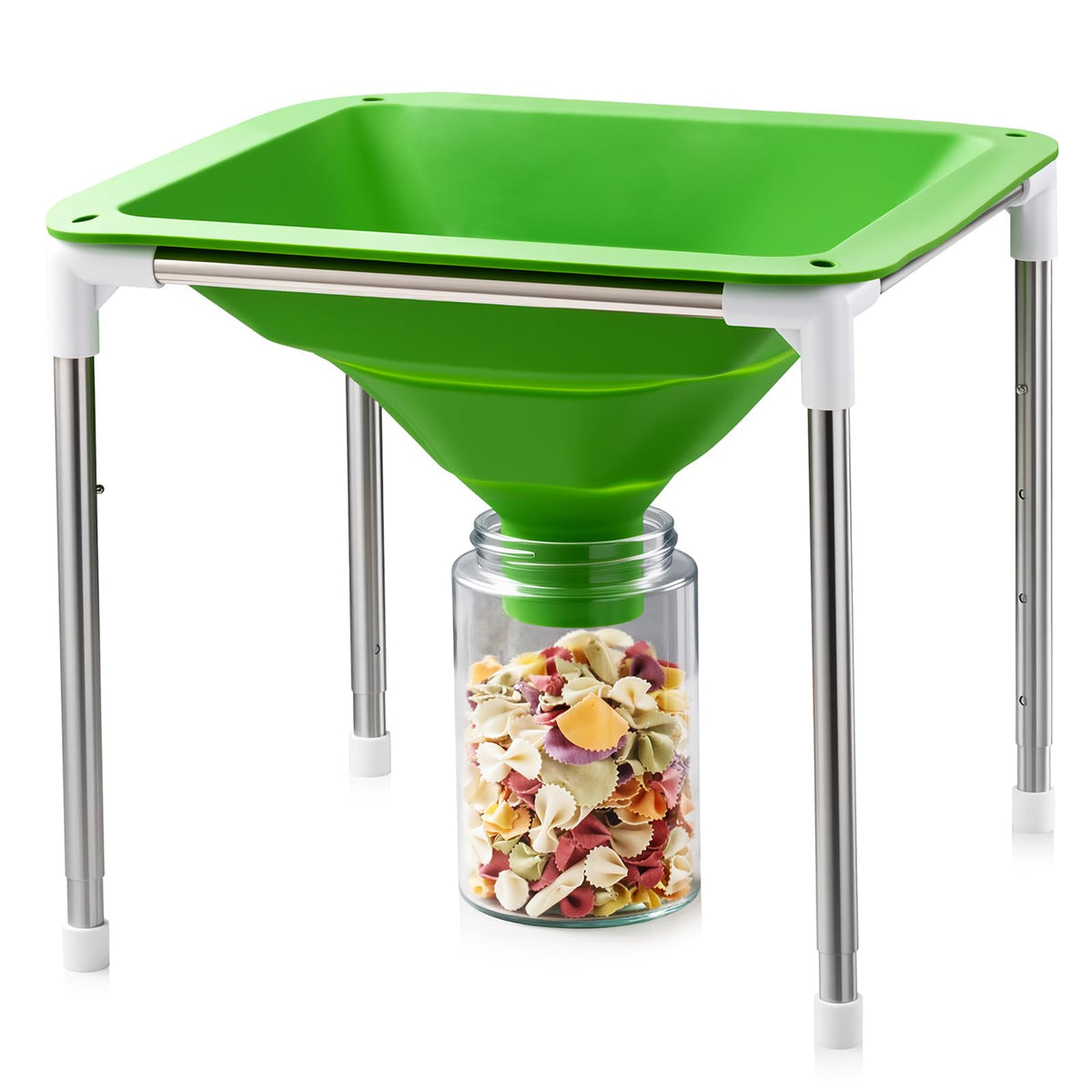 Friheten extra-large silicone collapsible funnel with stand fits Harvest Right trays for easy transfer.