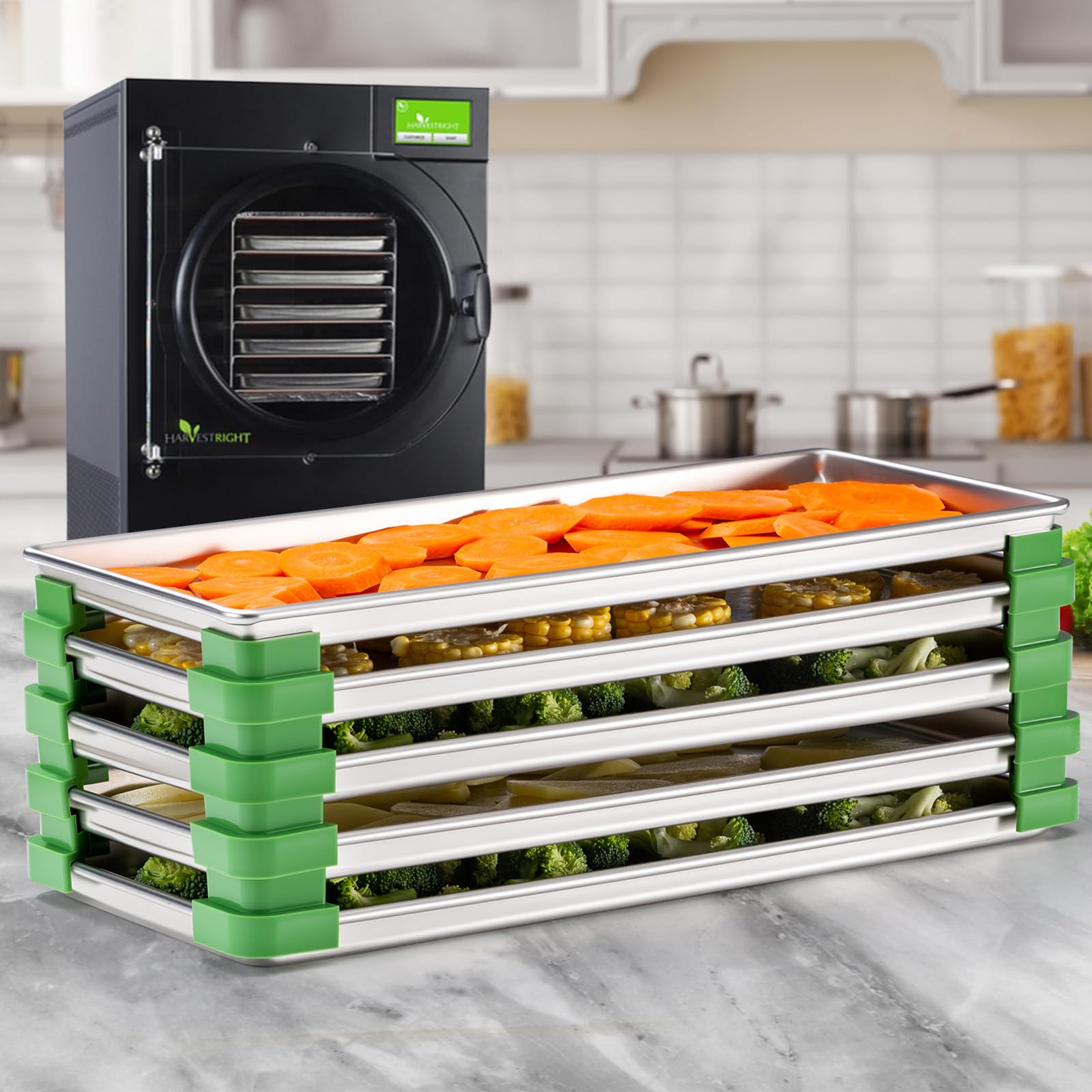 Friheten stackers cushion tray edges for stable and gentle handling.