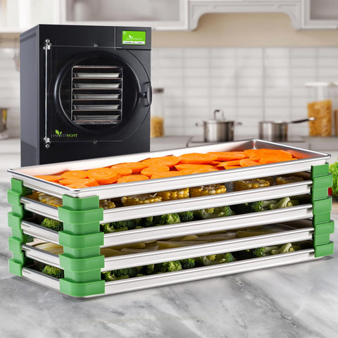Friheten stackers cushion tray edges for stable and gentle handling.