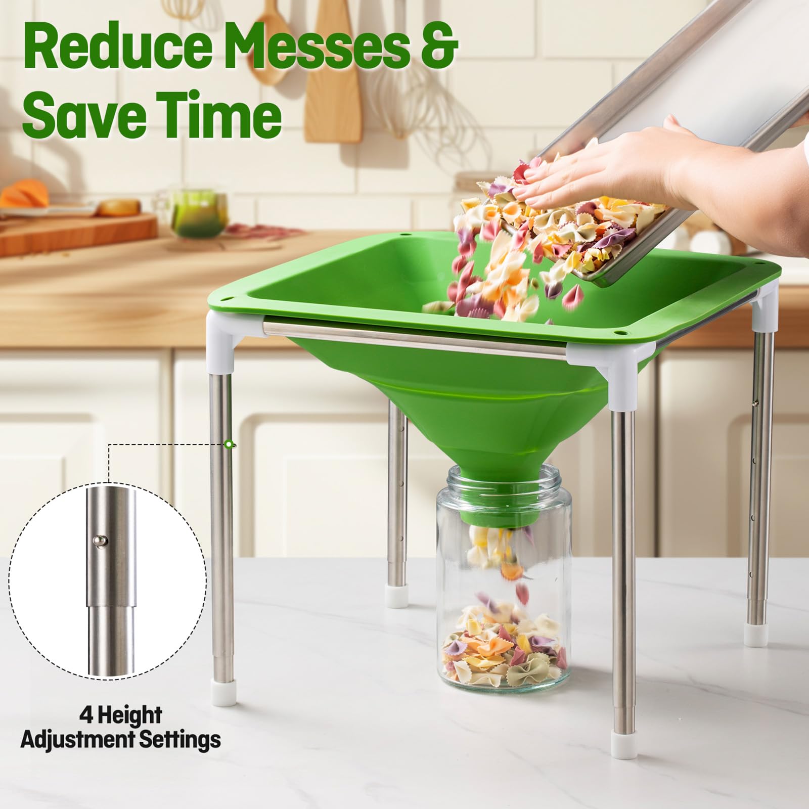 Friheten funnel wide-mouth design enables spill-free filling into Mason jars.