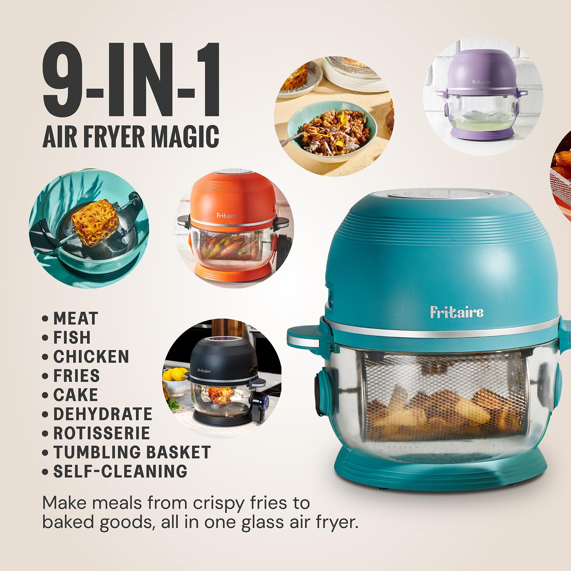 Fritaire glass bowl close-up highlights non-toxic materials for family-safe cooking