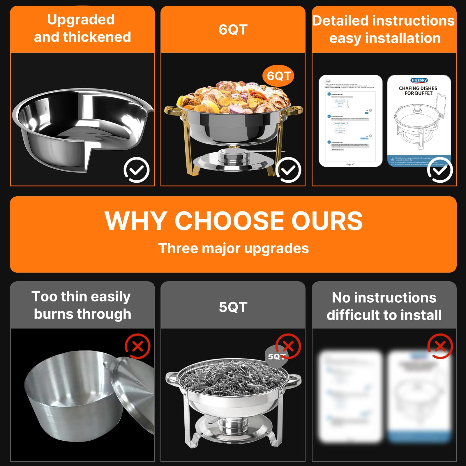 Frizoky chafing dishes stainless steel close-up showing durable construction