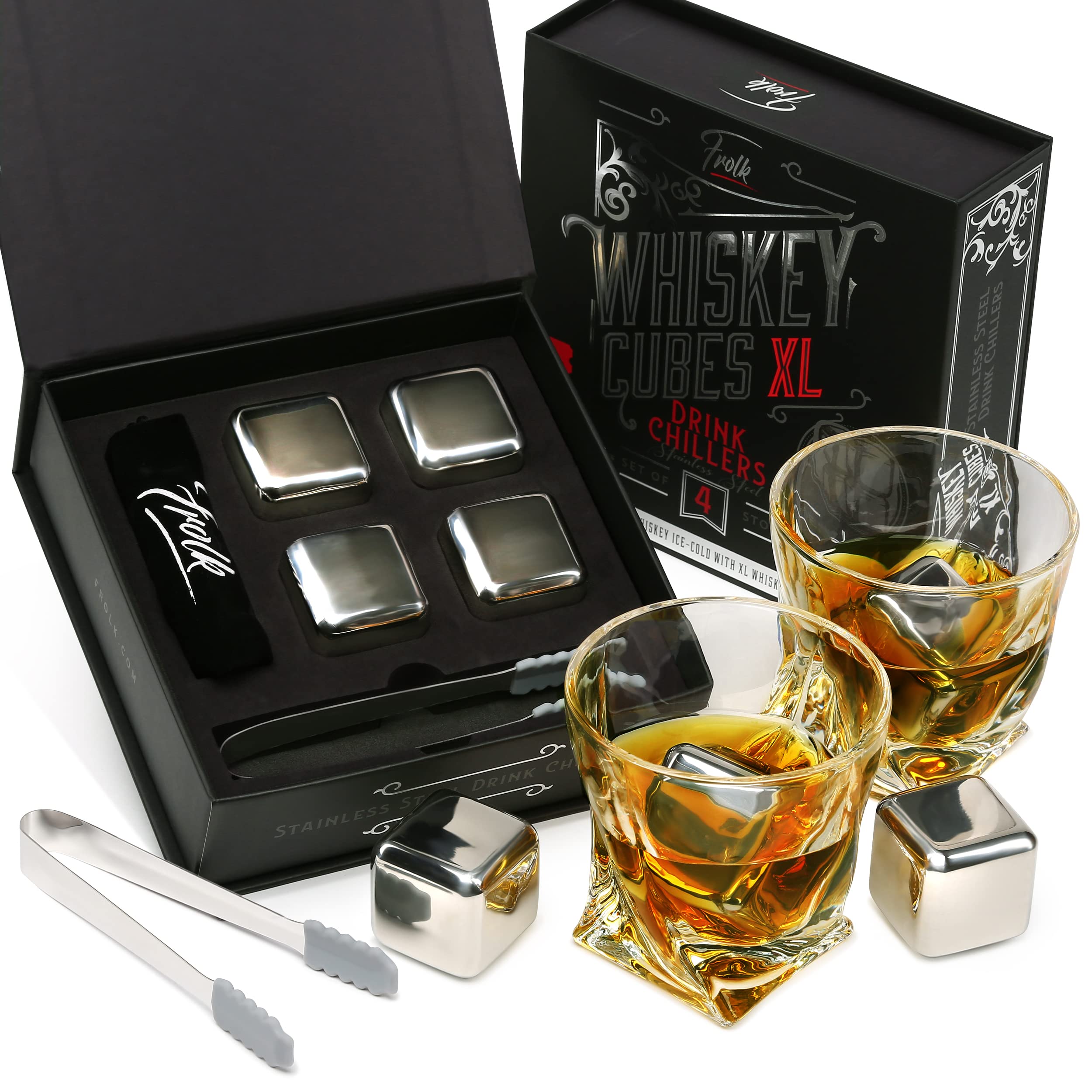 Frolk 4XL stainless steel whisky ice cubes in a premium gift set