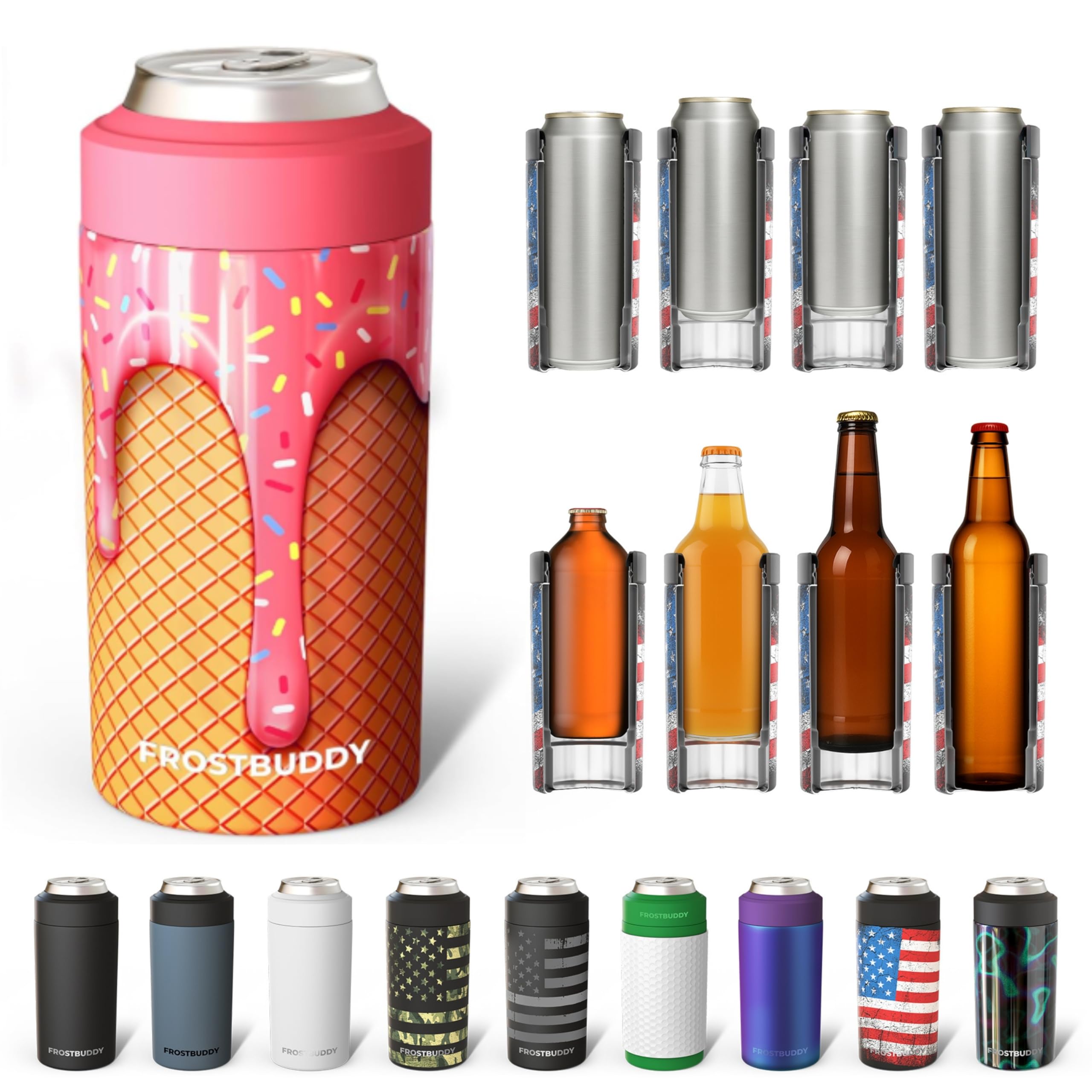Frost Buddy five-sizes-in-one universal cooler keeps drinks cold anywhere.