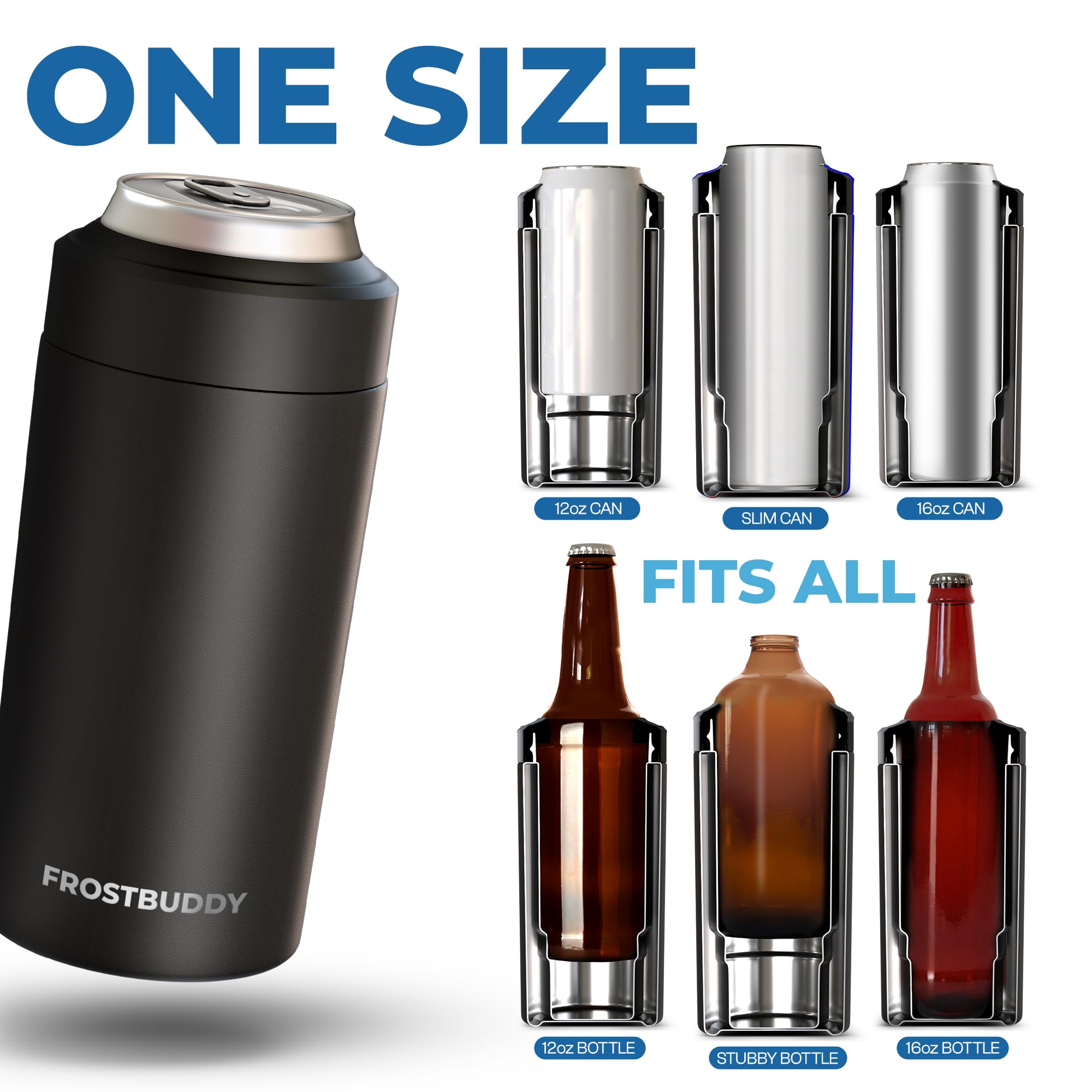 Frost Buddy five-sizes-in-one universal coozie in teal glitz adapts to cans and bottles anywhere.