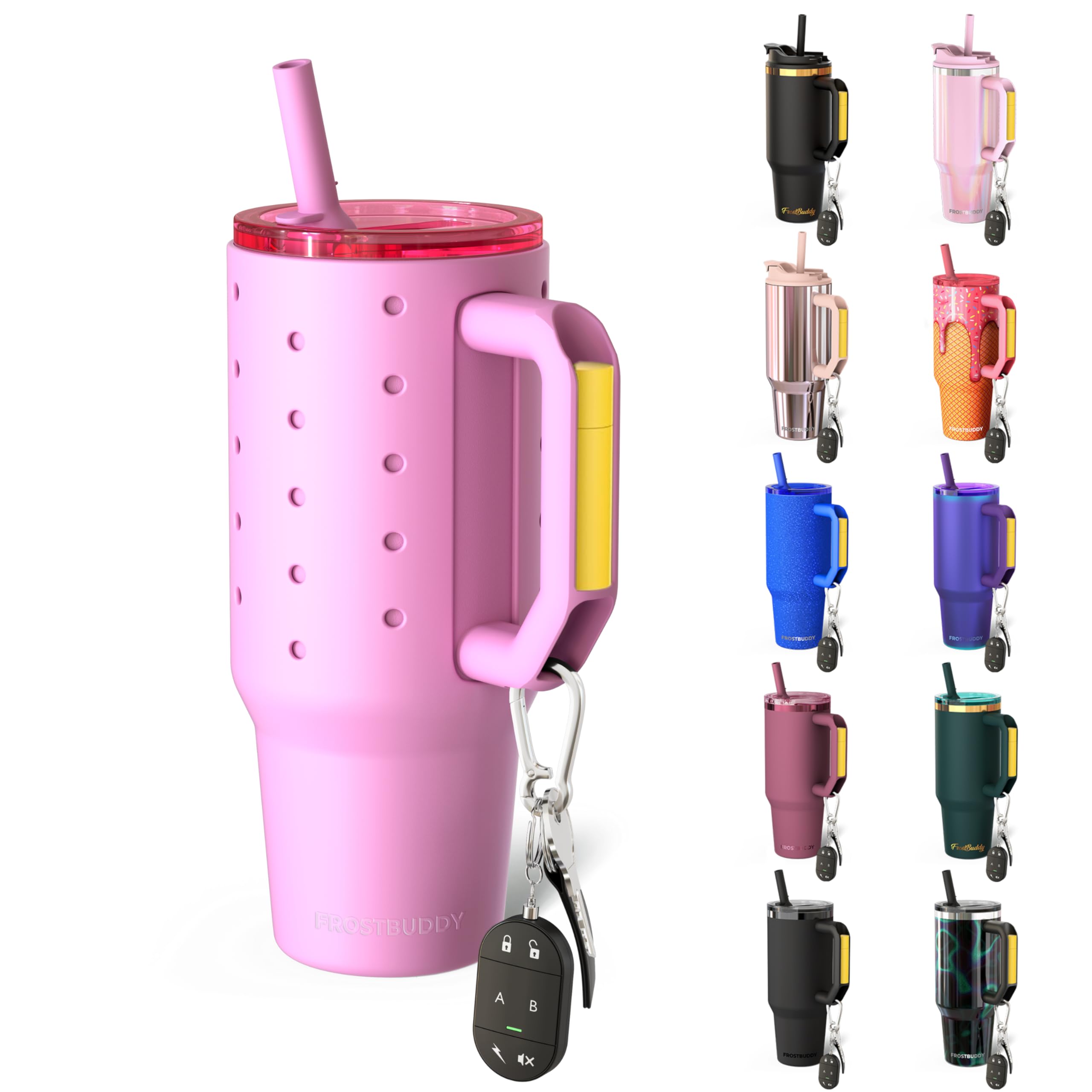 Frost Buddy silicone-sleeve enhances grip and protects the tumbler from scratches.