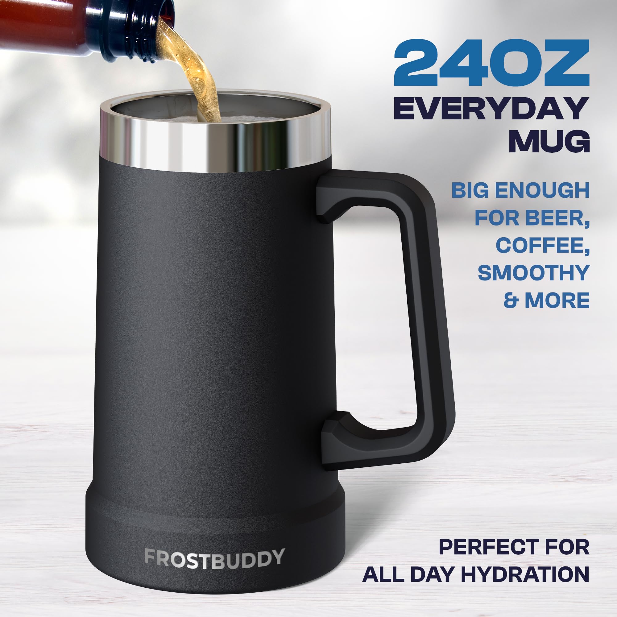 Frost Buddy Stein Buddy double-wall insulation keeps beverages cold outdoors.