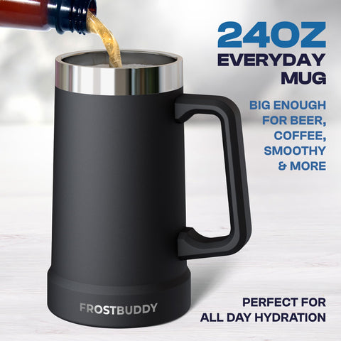 Frost Buddy Stein Buddy double-wall insulation keeps beverages cold outdoors.