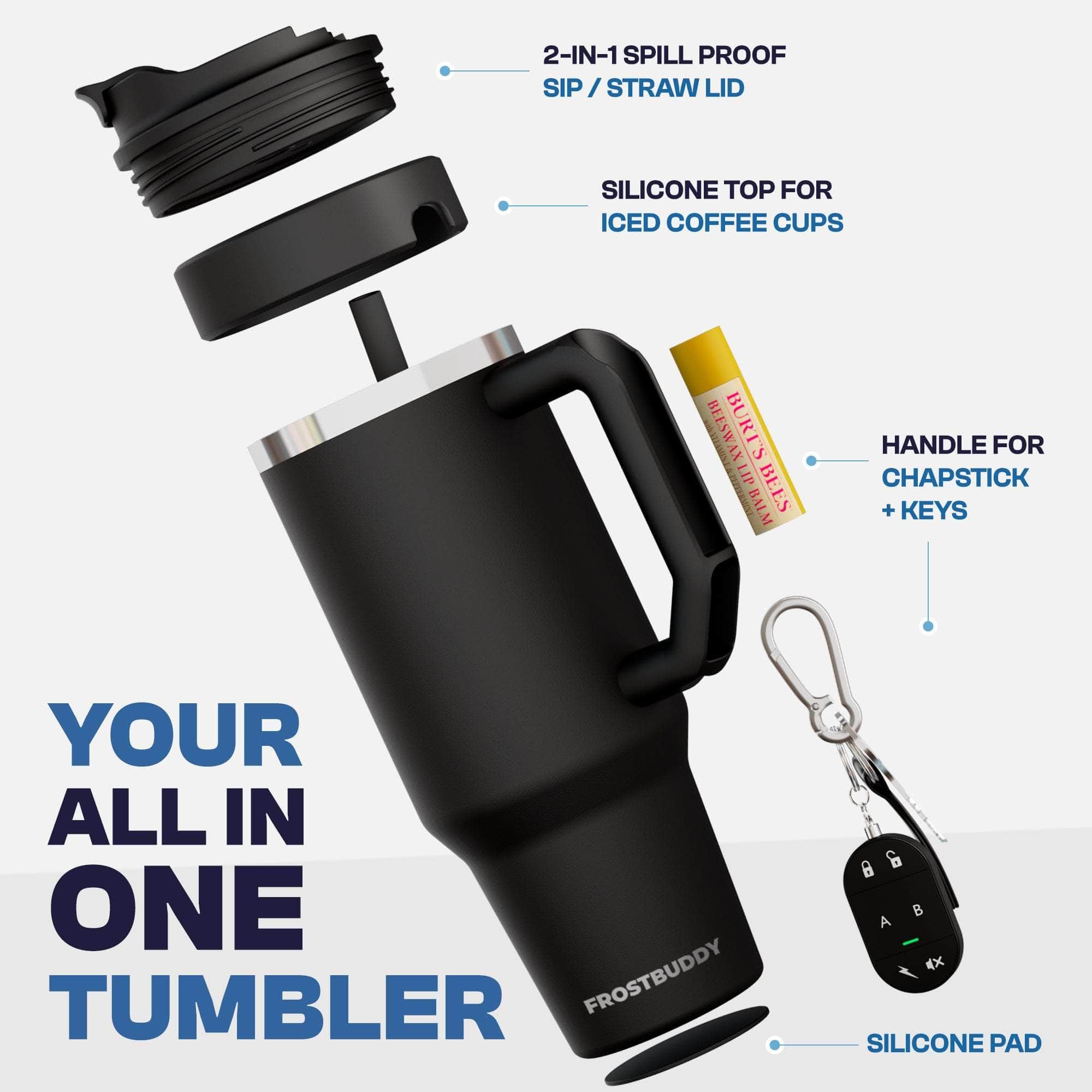 Frost Buddy tumbler fits most cup holders for easy travel.