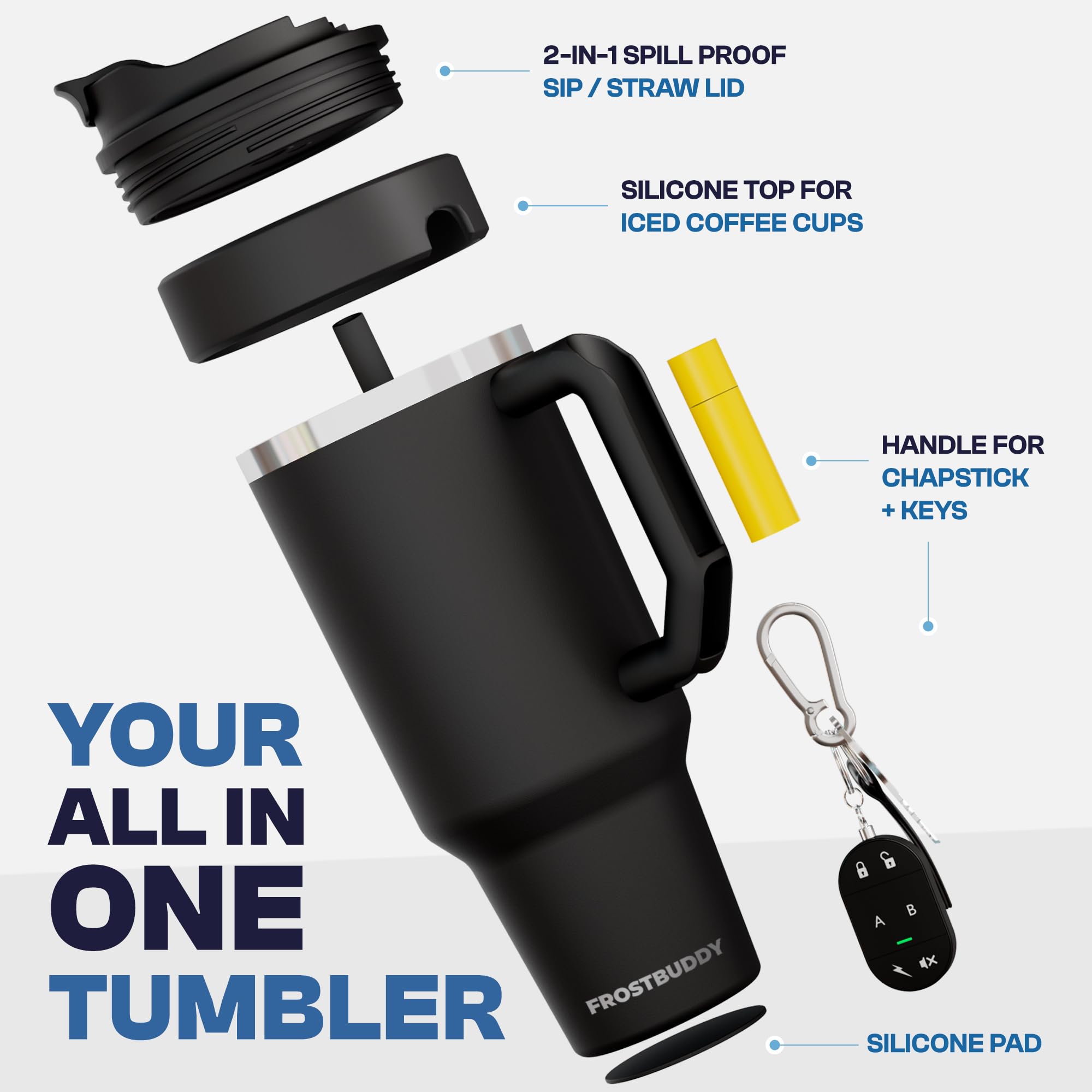 Frost Buddy Thicc Buddy flip lid spill-proof design keeps drinks secure during commutes.