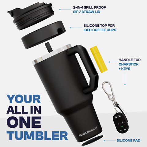 Frost Buddy Thicc Buddy flip lid spill-proof design keeps drinks secure during commutes.